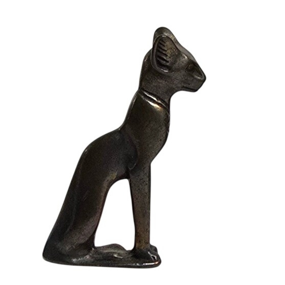 Egyptian Bastet Cat Figurine Bronze Tone Metal Eye of Horus Altar Decor Statue